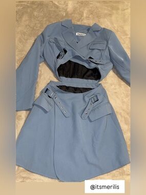 Powder Blue Mini Skirt Set with Belted Details